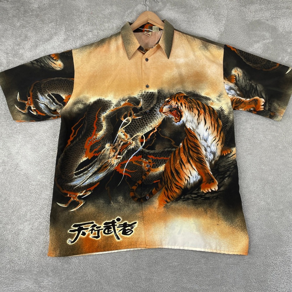 Billion Bay Dragon Tiger Shirt Mens XL Orange Asian Streetwear Y2K Cyber Punk